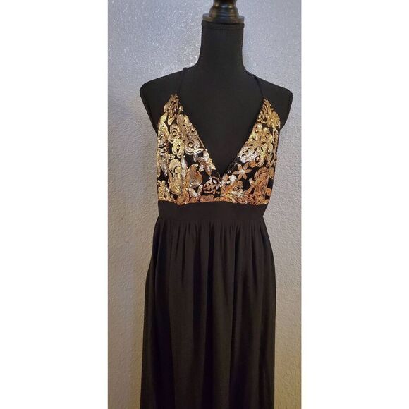 Lovers + Friends Good As Gold Black & Gold Sequin Open Back Maxi Dress Women’s M - Picture 8 of 16